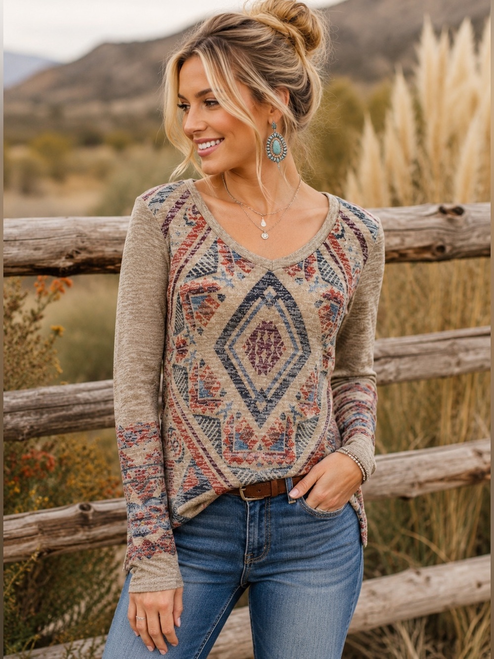 Derek Heart Southwestern Boho Knit Top | Rust Blue Geometric Print Size S